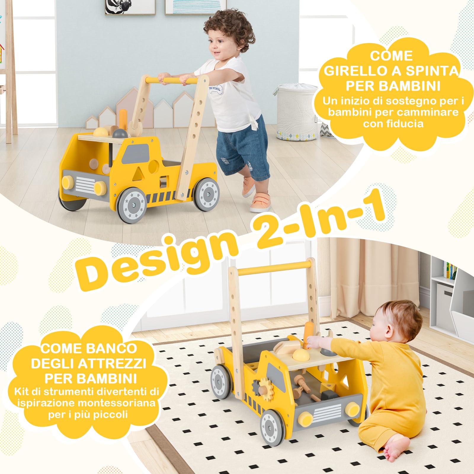 GYMAX Carrello in Legno per Bambini, 2 in 1 Carrello per Bambini e Banco degli Attrezzi con Attività Educative, Velocità Regolabile, Spazio Aperto, Giocattolo Montessori per Bambini e Bambine