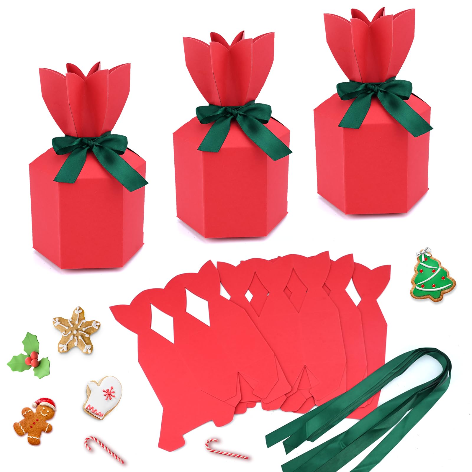 Bekecidi 10 PCS Christmas Party Favour Box Packs: Gift Sweet Candy Boxes Christmas Kraft Paper, Cardboard Boxes with Ribbon for Cookies Candy Favour Gift, Apple Gift Box, Flower Shaped Box