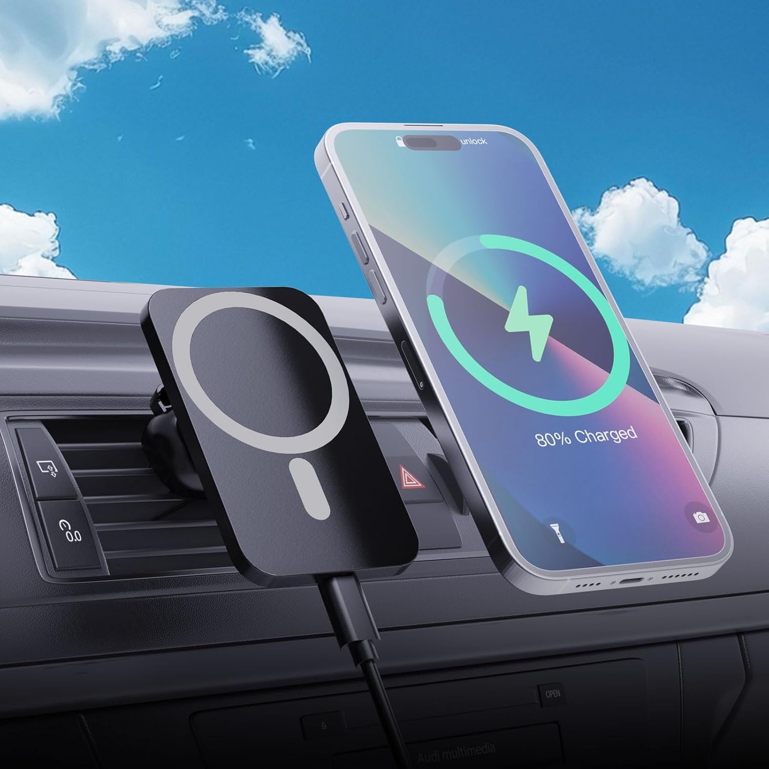 Wireless Car Charger for iPhone, HYDGYC Magsafe Car Charger for Air Vent, 15W Fast Car Wireless Charging Pad with 360° Rotation, Compatible with iPhone 16/15/14/13/12 (black-2025 Upgrade)