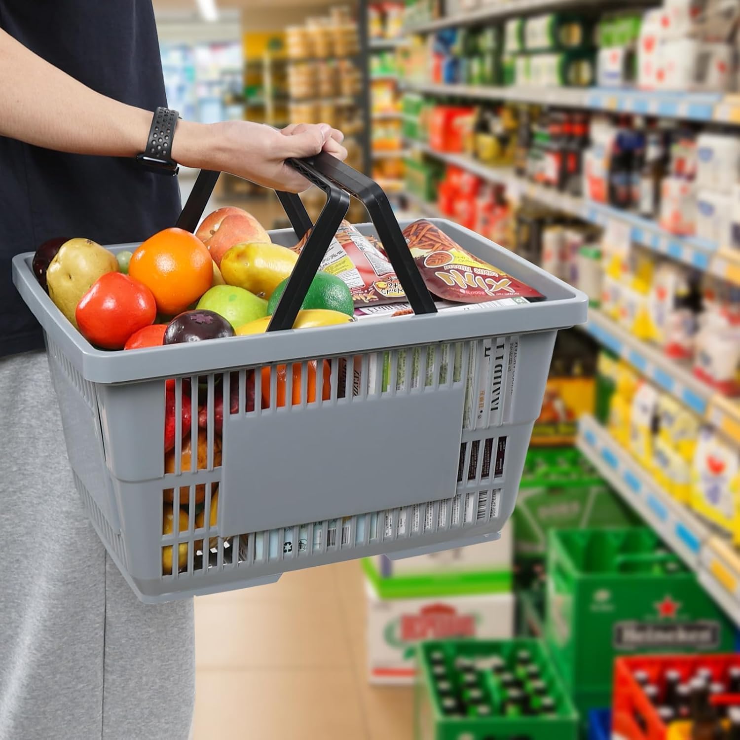 6 Graue Einkaufskörbe Aus Kunststoff Mit Griffen, 28 Liter Stauraum Für Supermarkt, Lebensmittelgeschäft, Einzelhandel, Robust Und Leicht, Perfekt Zum Einkaufen Und Organisieren