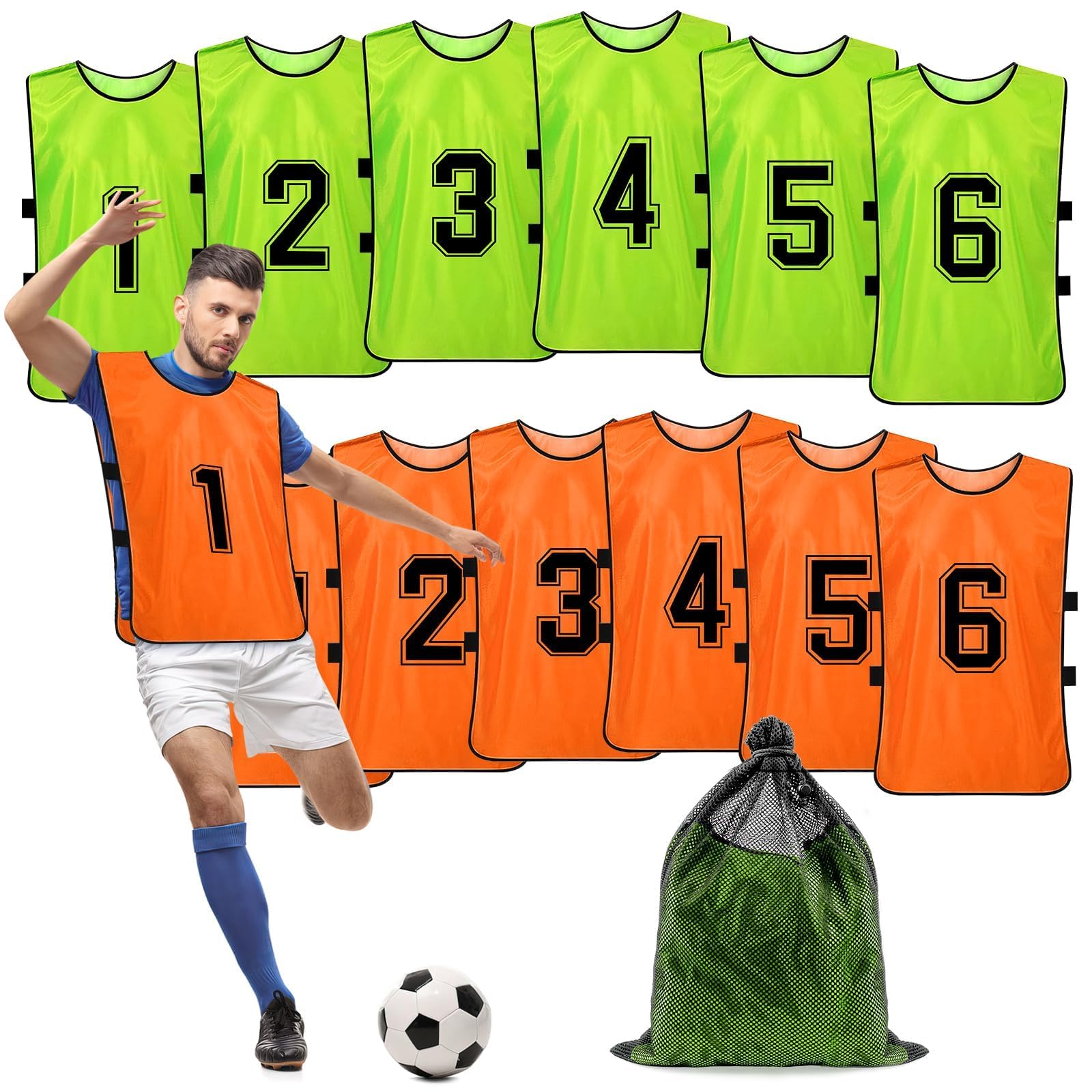 Chasubles de Football Adulte – Lot de 12 Gilets d’Entraînement Réversibles Numérotés pour Matchs et Sports d’Équipe – Maillots Respirants pour Foot, Basket, Volley – Vert/Orange