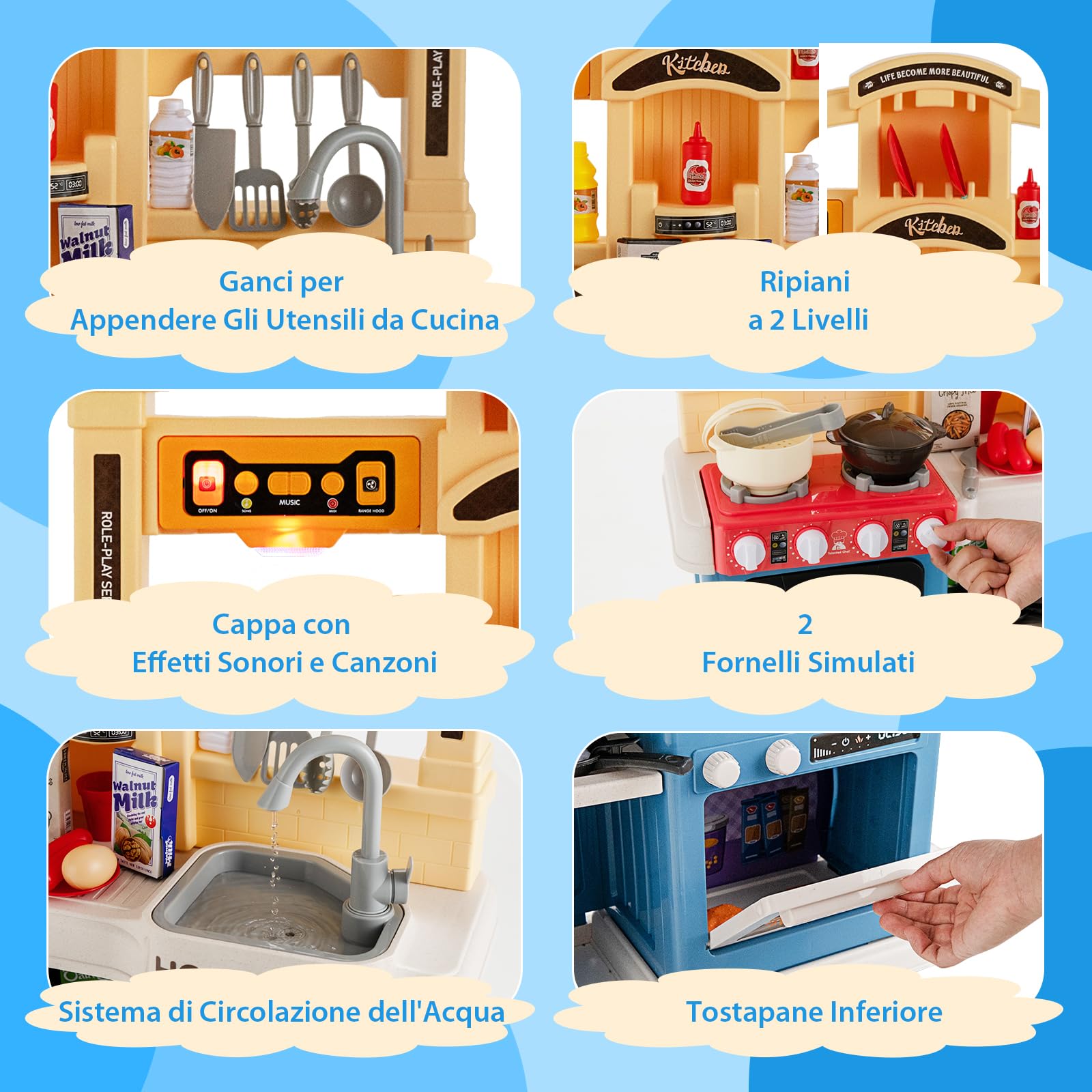 COSTWAY Cucina Giocattolo per Bambini, Cucina per Bambini con Forno, Microonde, Lavello e Rubinetto, Funzione Luci e Suoni, Vapore e Ebollizione, 69 Accessori, per 3+ Anni (Blu)