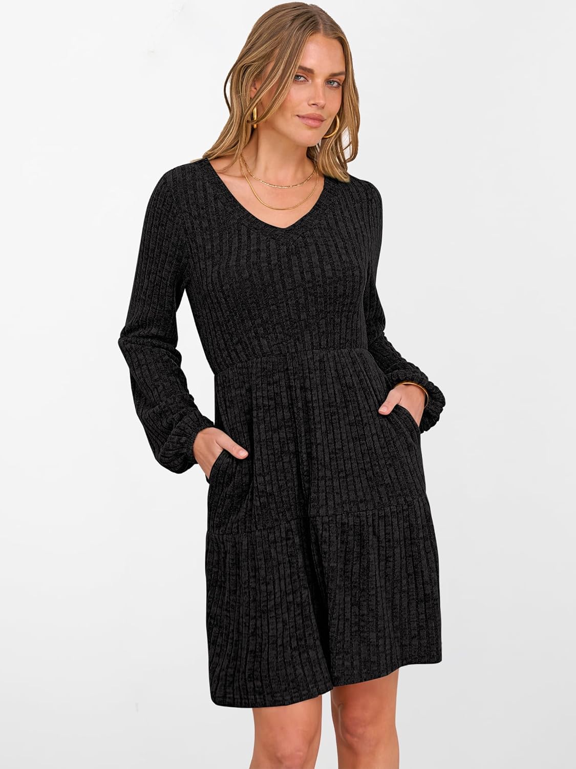 ANRABESS Women's Long Lantern Sleeve Ribbed Knit Dresses V Neck Casual 2025 Fall Winter Flowy Swing Tunic Sweater Short Dress - Image 4