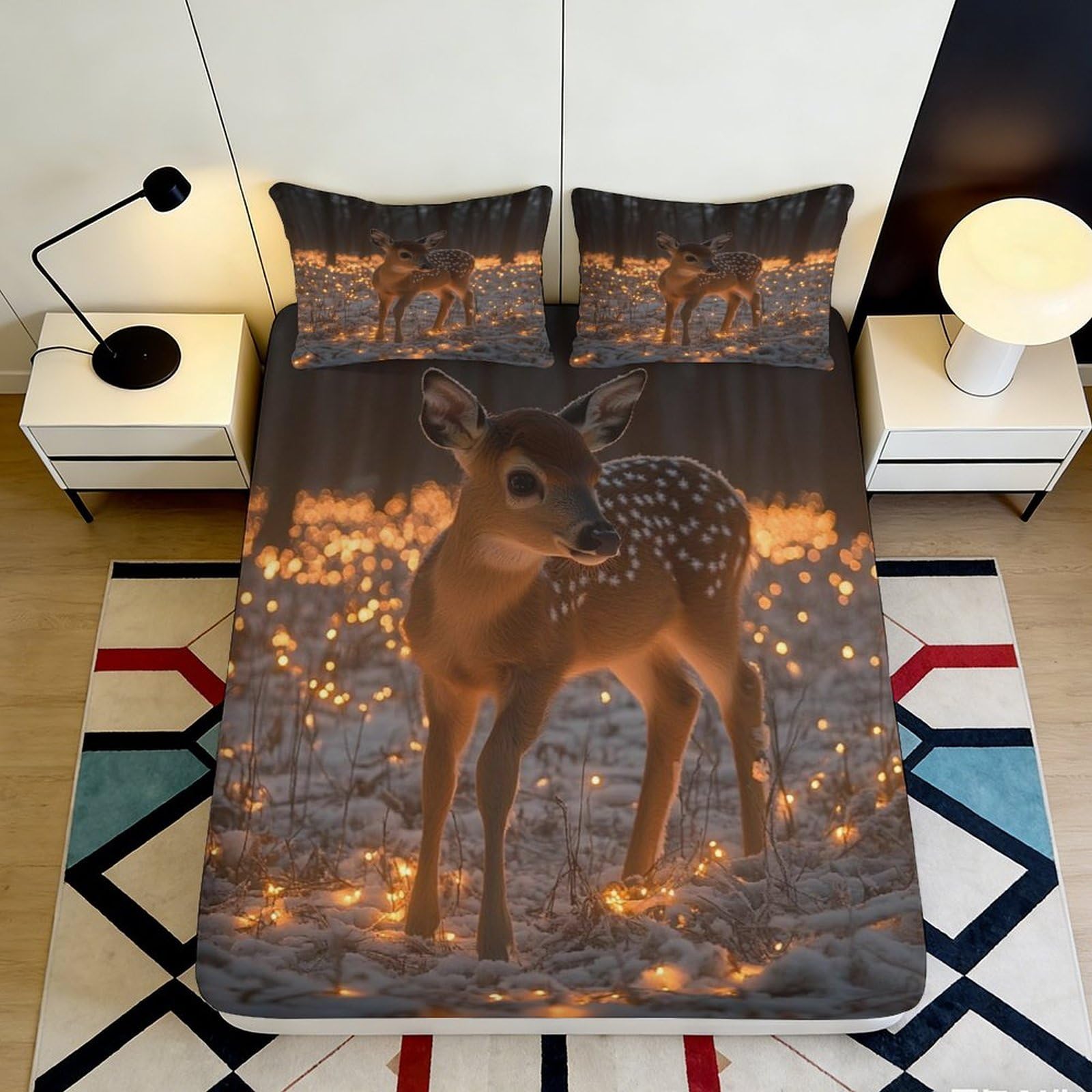3D Printed Deer Fitted Sheet Microfiber Deep Pocket Non-Slip for Bedroom Bedding Deer Mattress Fitted Cover Washable Full Wrap 140x200x25cm