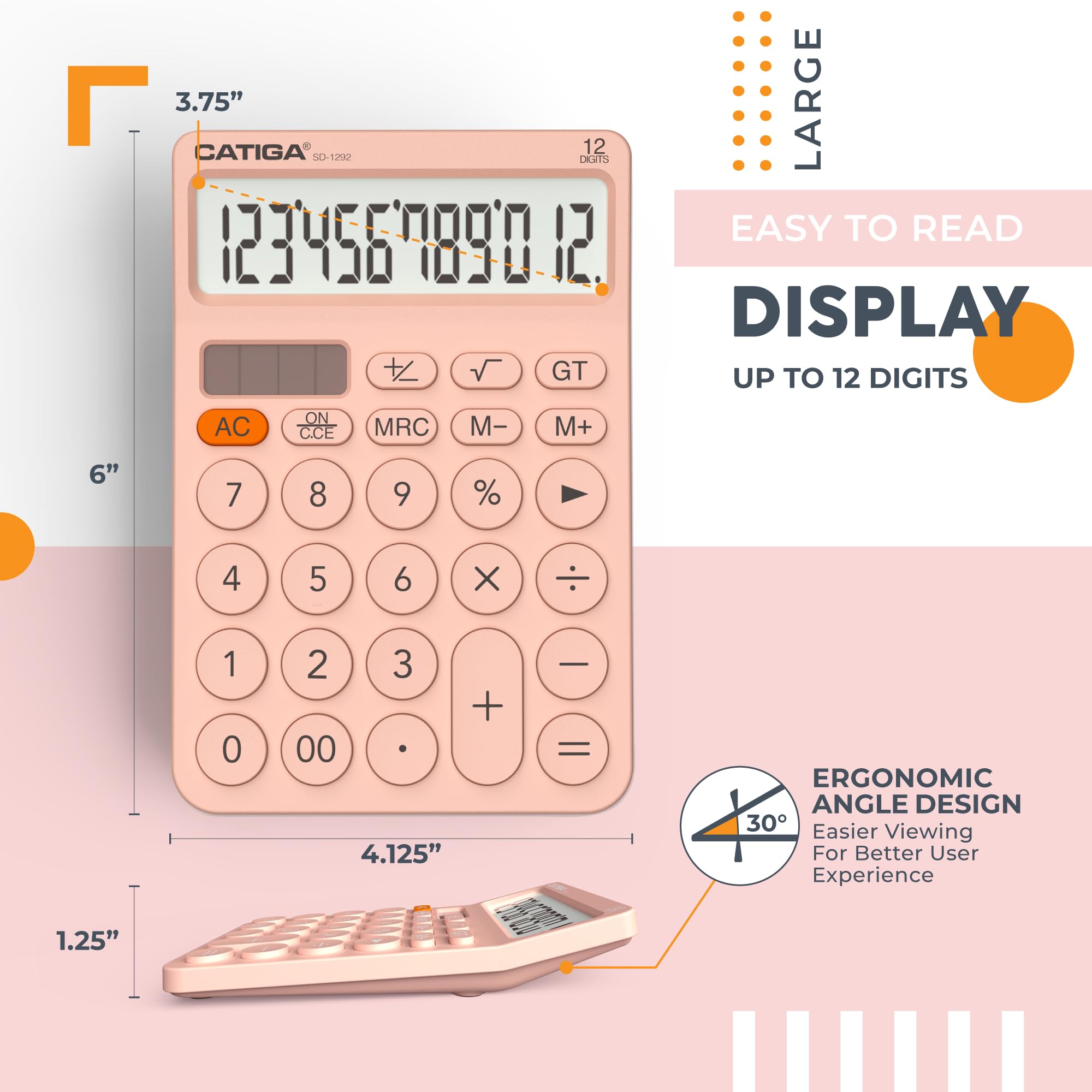 Calcolatrice Da Tavolo CATIGA 12 Cifre - Display LCD, Doppia Alimentazione Solare/Batteria