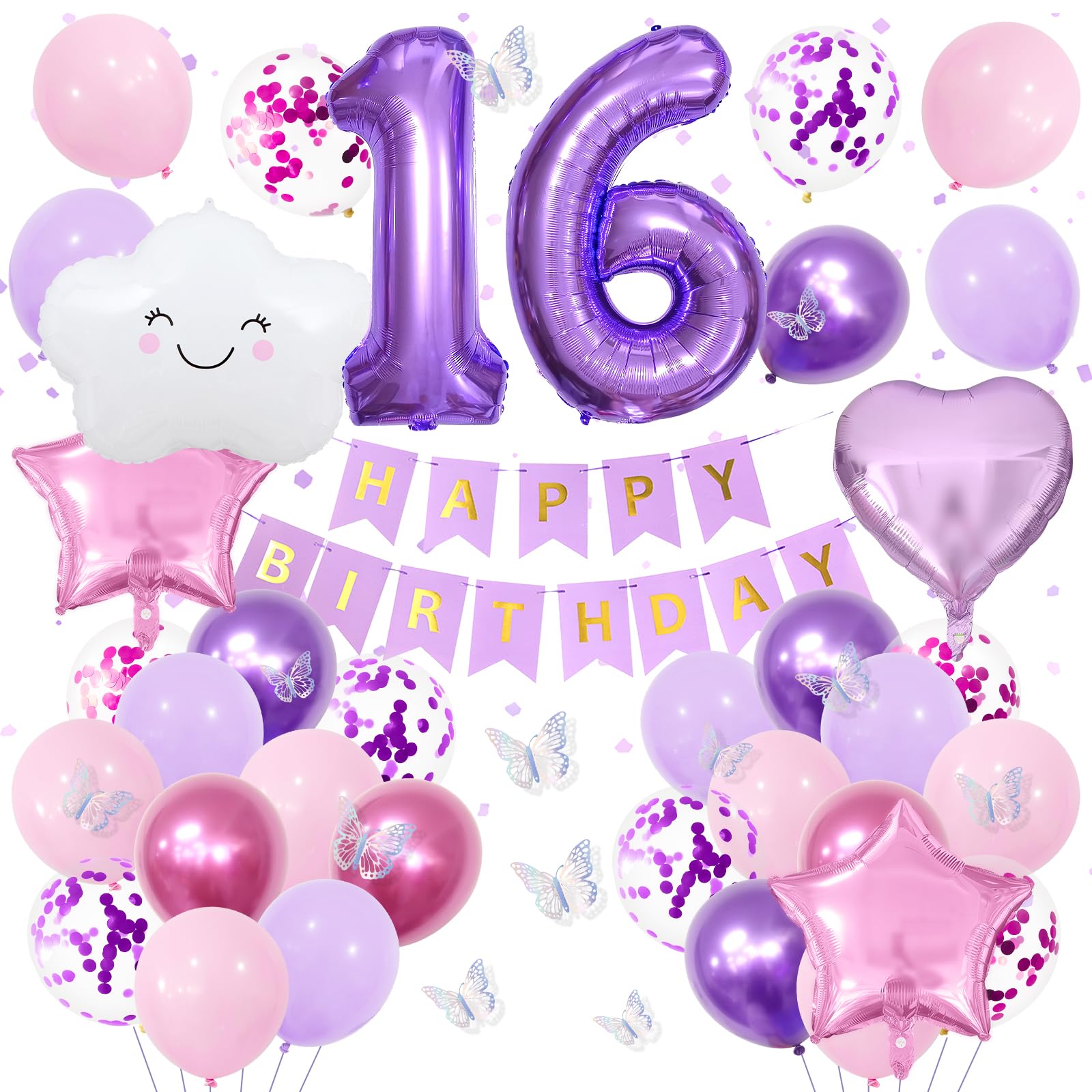 16th Purple Birthday Decorations for Girls, Pink Purple Party Decor with Number 16 Balloon, Butterfly Stickers, White Cloud Balloon, Star & Heart Foil Balloons, Birthday Banner Party Supplies