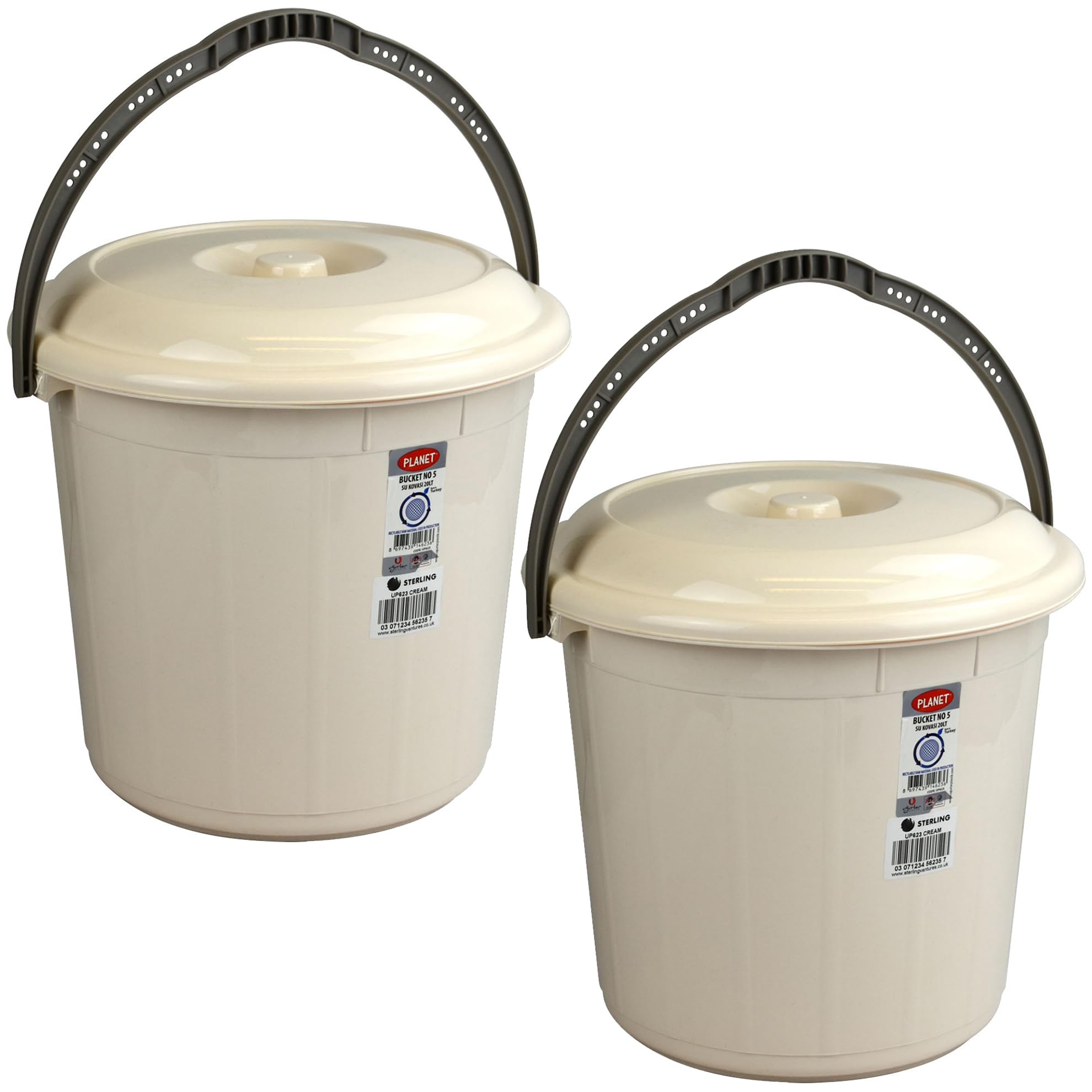 Sterling Ventures Cream 20L Water Plastic Bucket With Lid & Handle Water Storage Bin Kitchen Container Set Of 2