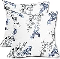 Vista 1 de Juego de 2 fundas de almohada azules y blancas de 18 x 18 pulgadas, fundas de almohada decorativas de hojas grises y grises, fundas de almohada