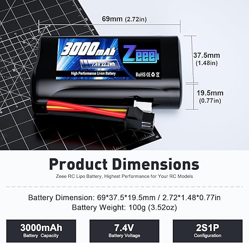Miniatura 2 de Zeee 2S - Batería de iones de litio de 3000 mAh, 7.4 V, conector SM 2P, batería recargable RC con cargador de batería de 7.4 V, compatible con WPL