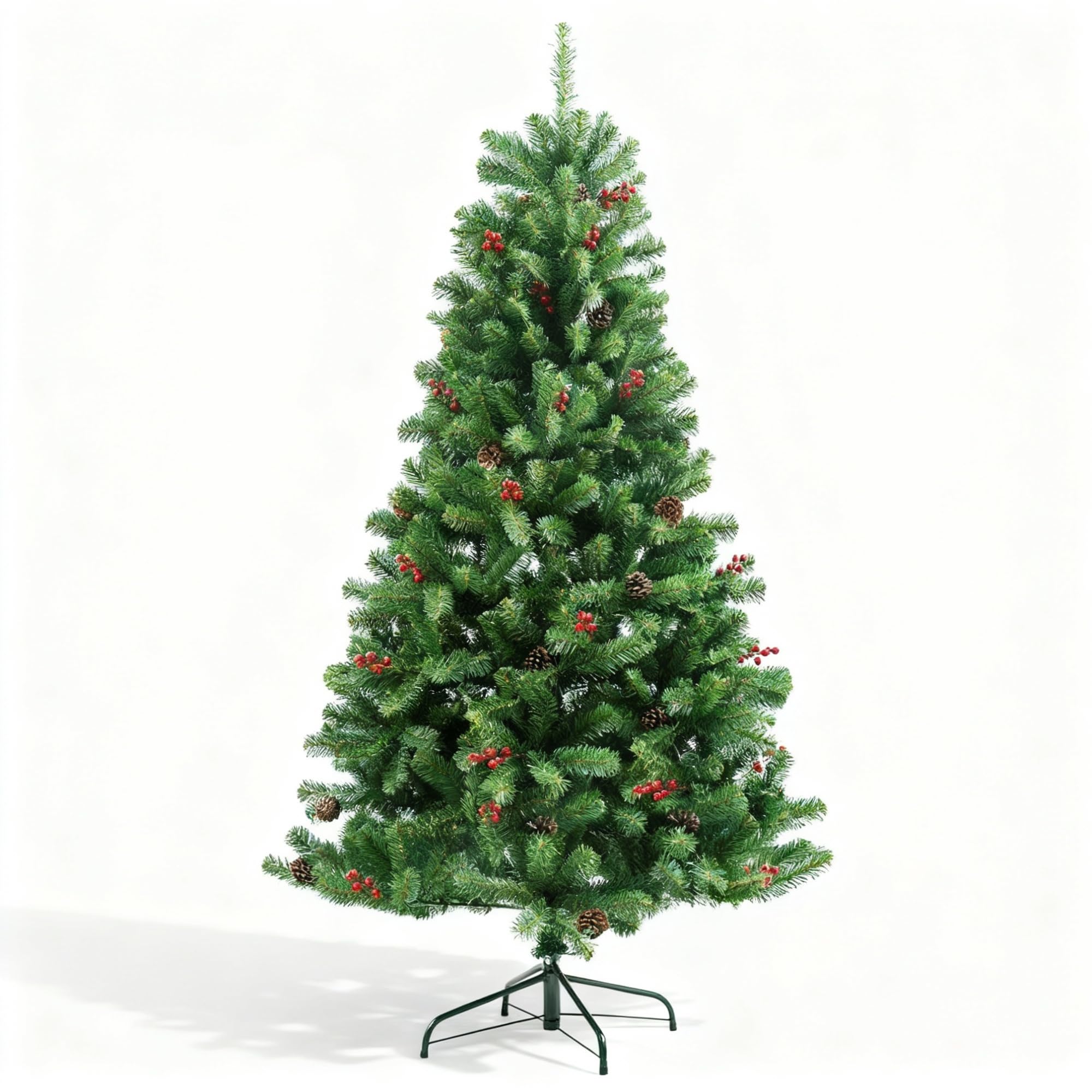 4Ft/1.2m Artificial Christmas Tree Maryland Fir Green Pine Tips Decorated with Red Berries and Pine Cones Xmas Home Decorations Metal Stand