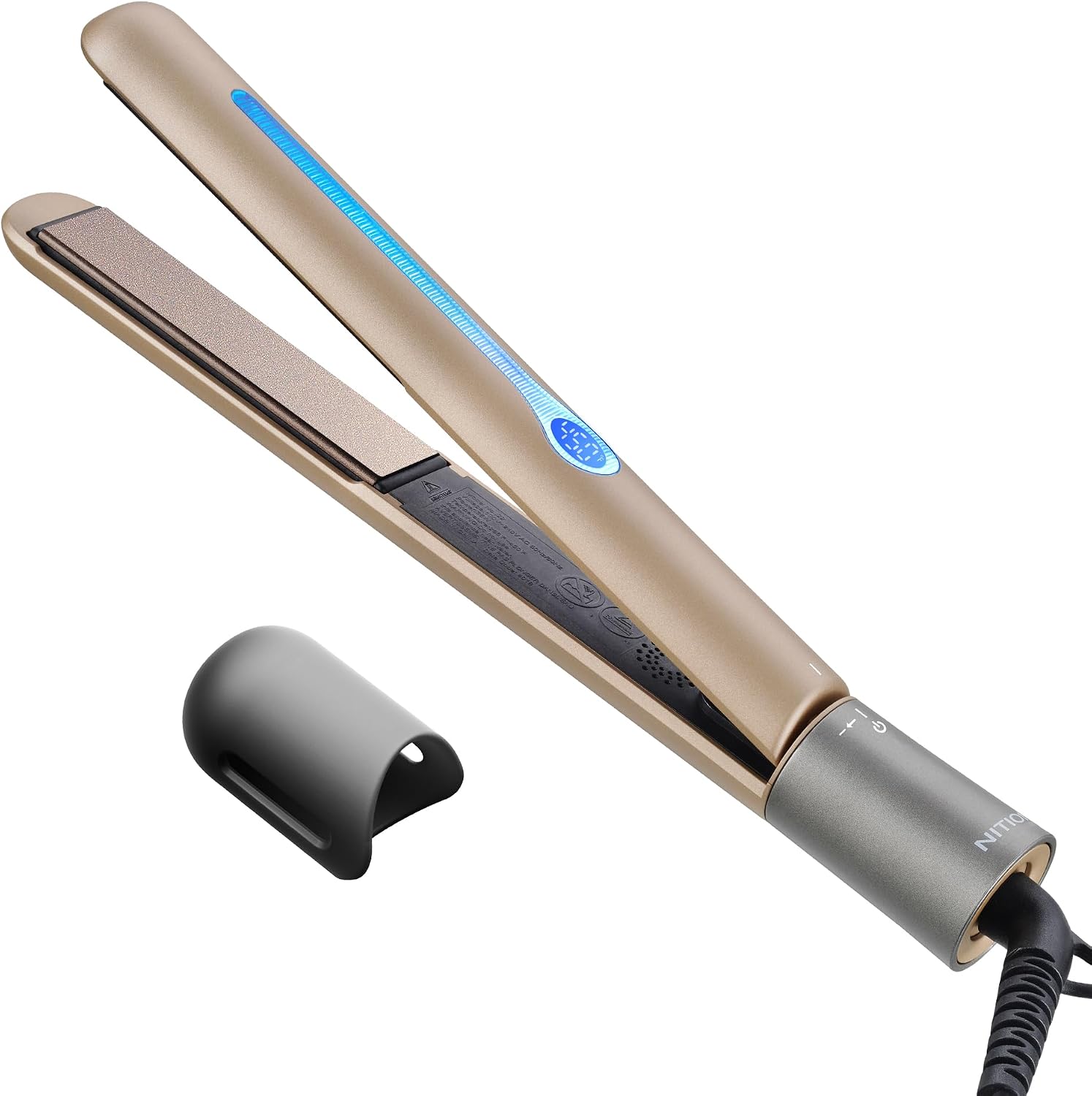 NITION Ceramic Tourmaline Hair Straighteners LCD Flat Iron MCH 10s Fast Heating Up. 1" Smooth 3D Floating Plate Healthy Straightening Tools. Heat-Proof Sleeve. Dual Voltage. Champagne Gold