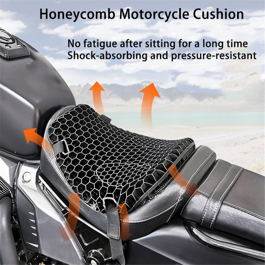 Universal Motorcycle Gel Seat Cushion, 3D Honeycomb Shock Absorbing Seat Pad, Heat-Insulating And Breathable Motorbike Gel Cushion, Stay Cool And Comfortable for Long Ride (With mesh cover)
