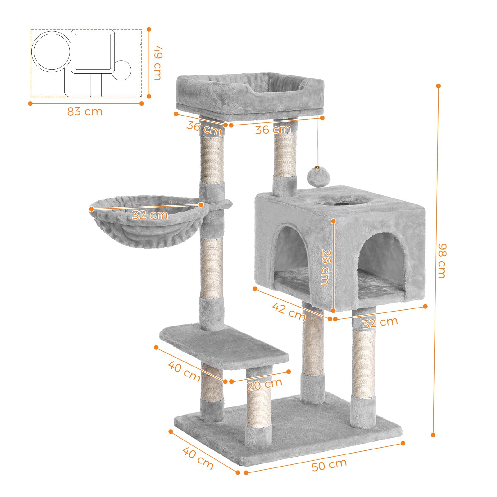Oak&Tea Kratzbaum für Katzen mit Schlaffläche & Spielzeug – Kompakter Katzenkratzbaum aus Sisal, Kratzbrett und kuscheligem Katzenbett – Ideal als platzsparender Kratzbaum klein für Haus （Hellgrau）