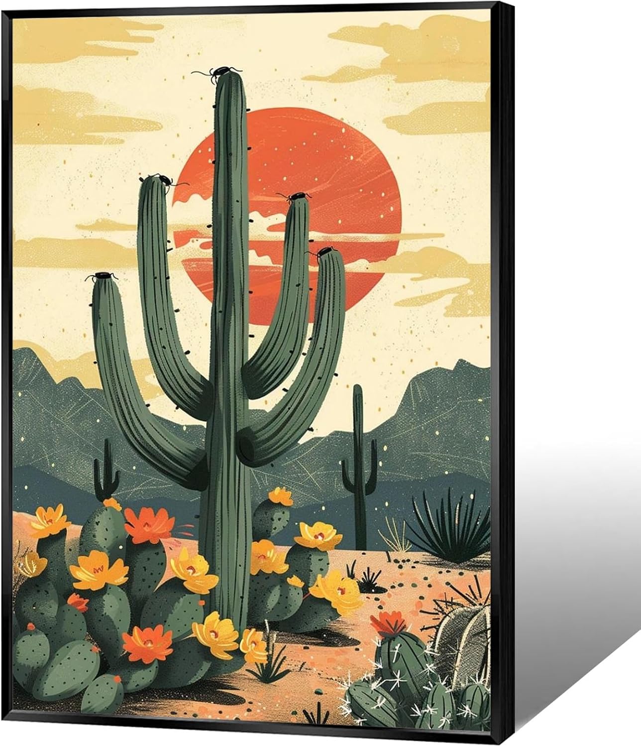 KYHLHS Southwestern Desert Wall Art, Saguaro Cactus Framed Poster Canvas, Arizona Succulent with Flower Painting, Sunset Landscape Picture Print for Men's Bedroom Living Room Decor 12x16 Inch