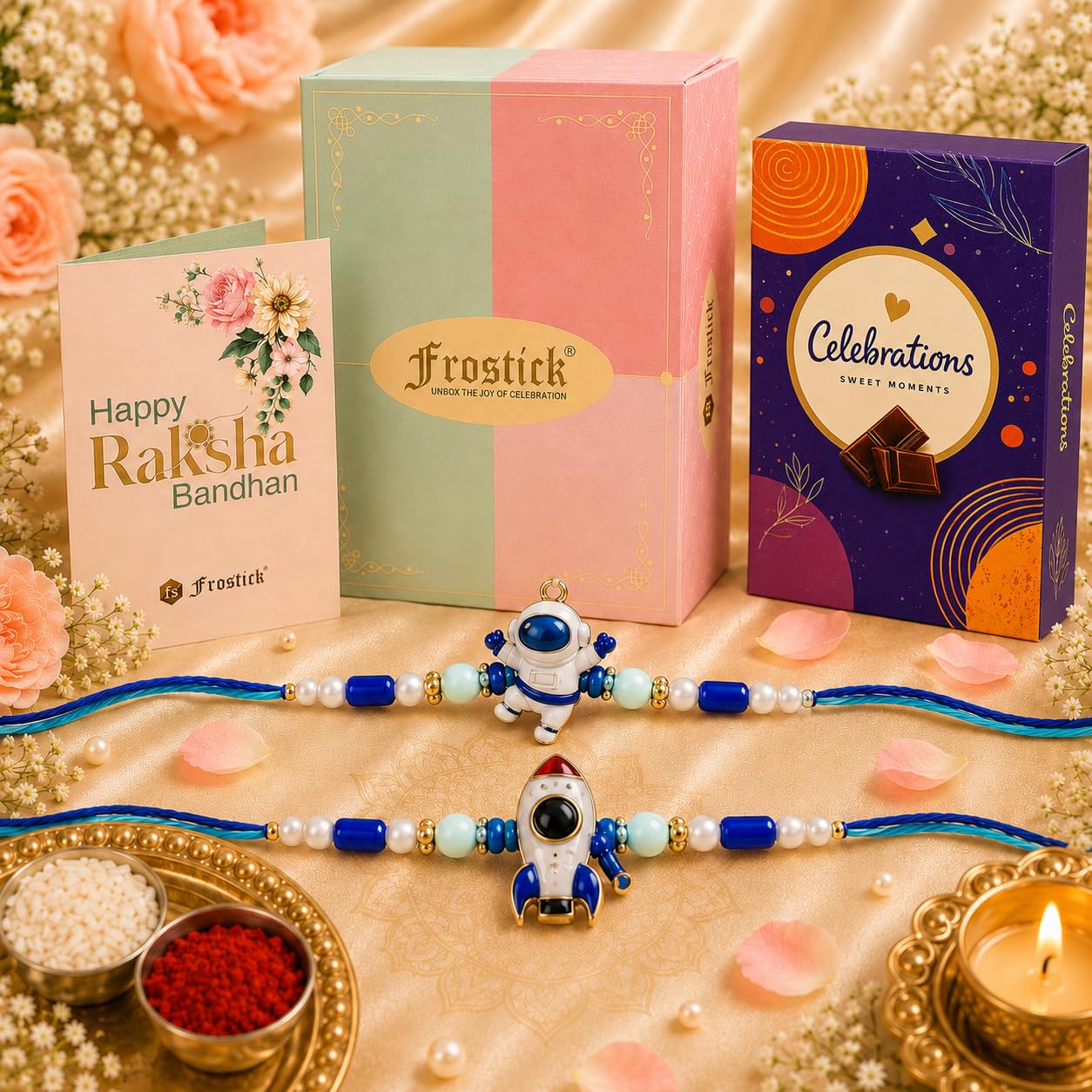Frostick Kid’s Rakhi Gift Set – 2 Astronaut Rakhis, 1 Celebrations Pack, Roli Chawal, Greeting Card | Perfect Raksha Bandhan Chocolate Combo for Brother-image-47