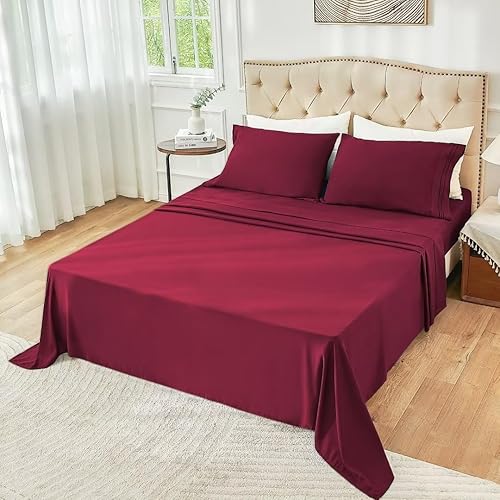 Miniatura 8 de Juego de sábanas Queen color rojo vino, estilo hotel de lujo, juego de sábanas bajeras de bolsillo extra profundo, sábanas de microfibra y fundas de