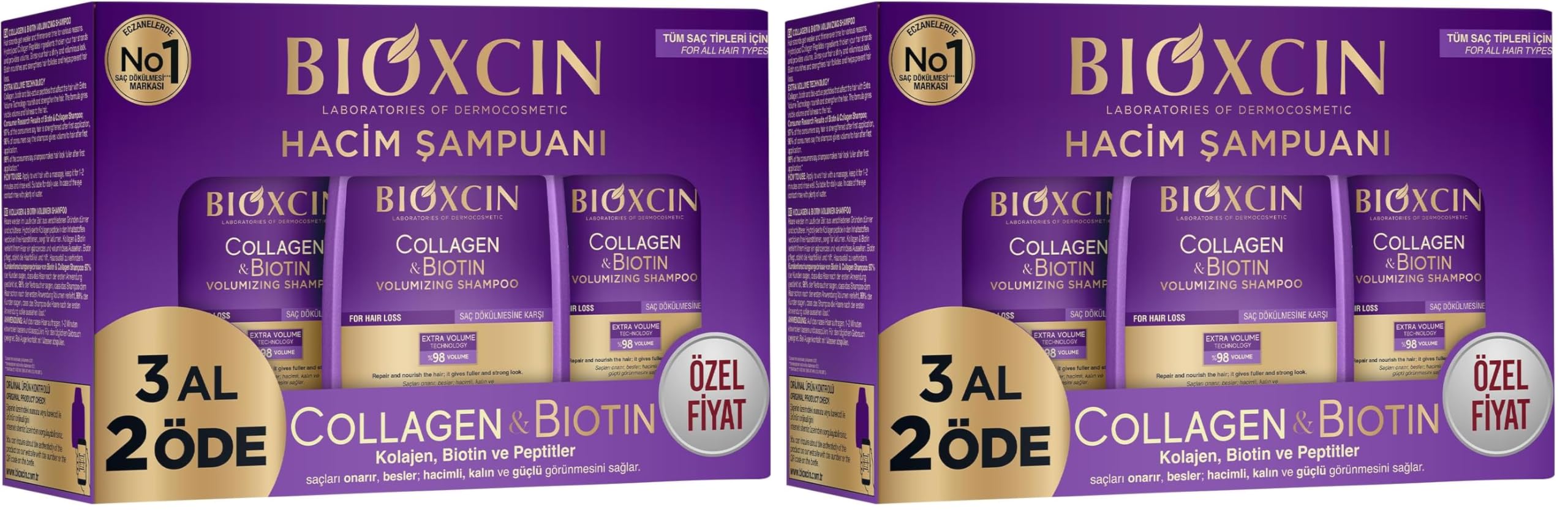 Bioxcin Collagen & Biotin Hacim Şampuanı | 3 x 300 ml | İnce Telli ve Hacimsiz Saçlar İçin | Hidrolize Kolajen + Biotin + BioComplex B11 (2 paketi)