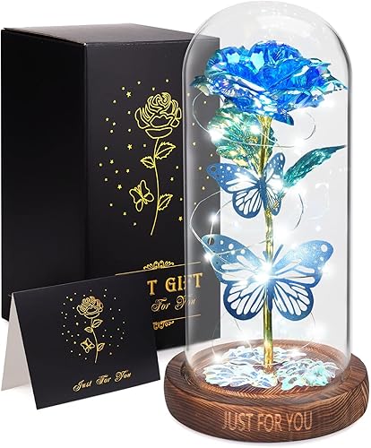 WOKEISE Mariposa rosa iluminada en cúpula de cristal, para mujeres, aniversario de cumpleaños, rosas iluminadas, regalos para esposa, mamá, abuela,