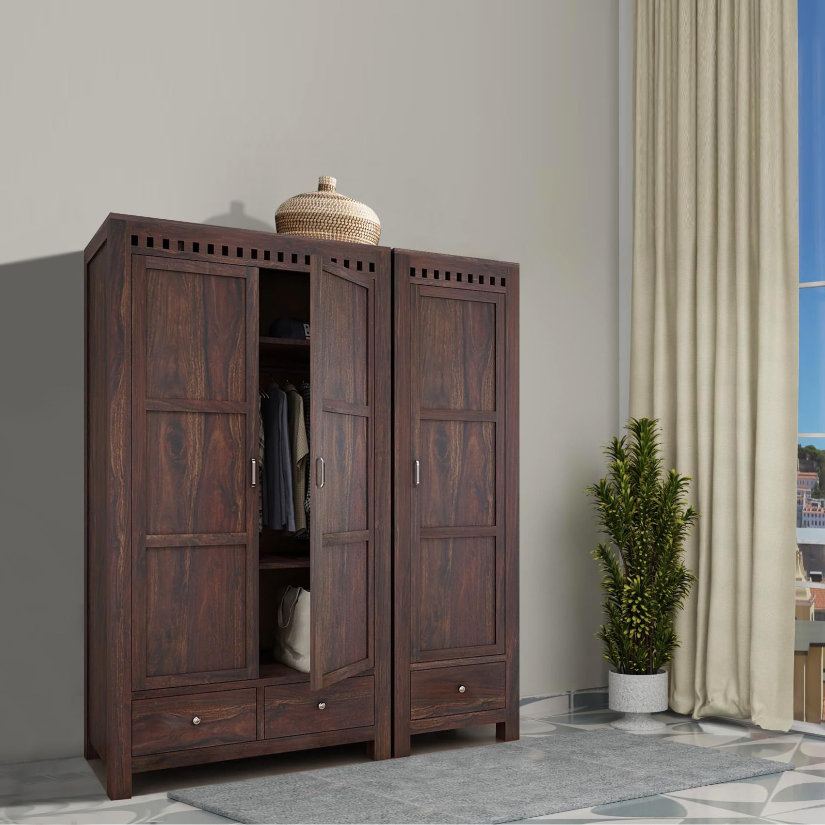Wooden 3 Door Wardrobe for Bedroom, Almirah with 3 Drawers & Multiple Shelves Storage, Solid Sheesham Wood, Walnut Finish