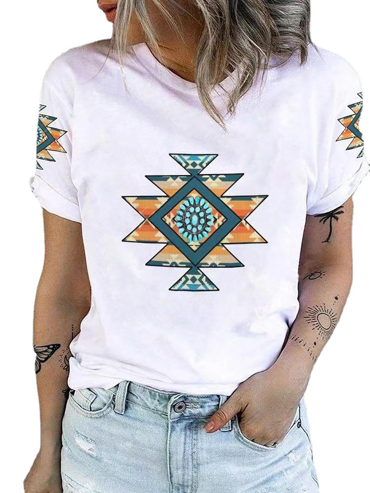 Western T-shirt voor dames, Azteekse stijl, cowgirl, top, etnische