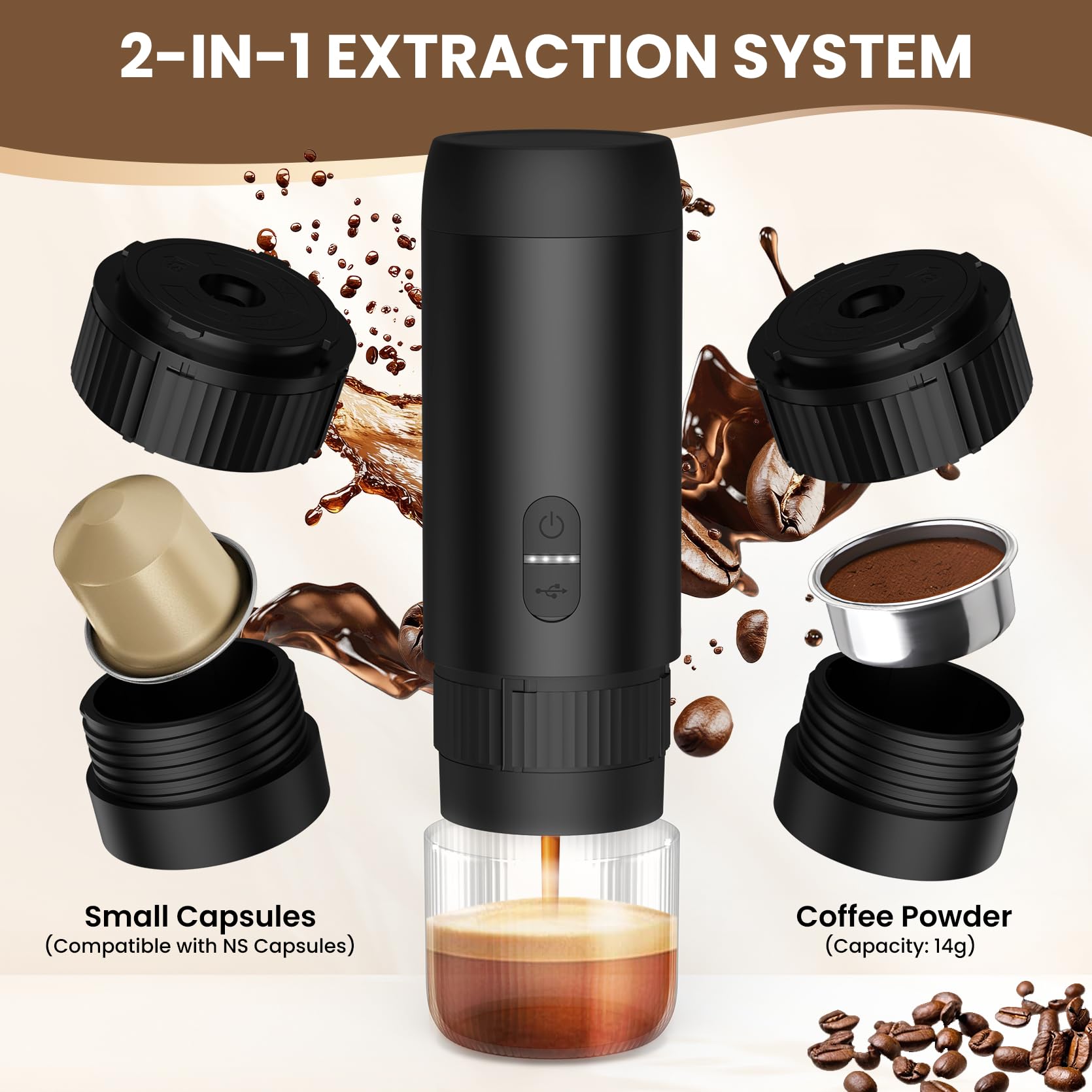 LAMA Juego de molinillo de café, espumador de leche, juego de cafetera portátil, máquina de café espresso eléctrica, máquina de cápsulas, compatible con pequeñas cápsulas de café y polvo de café para