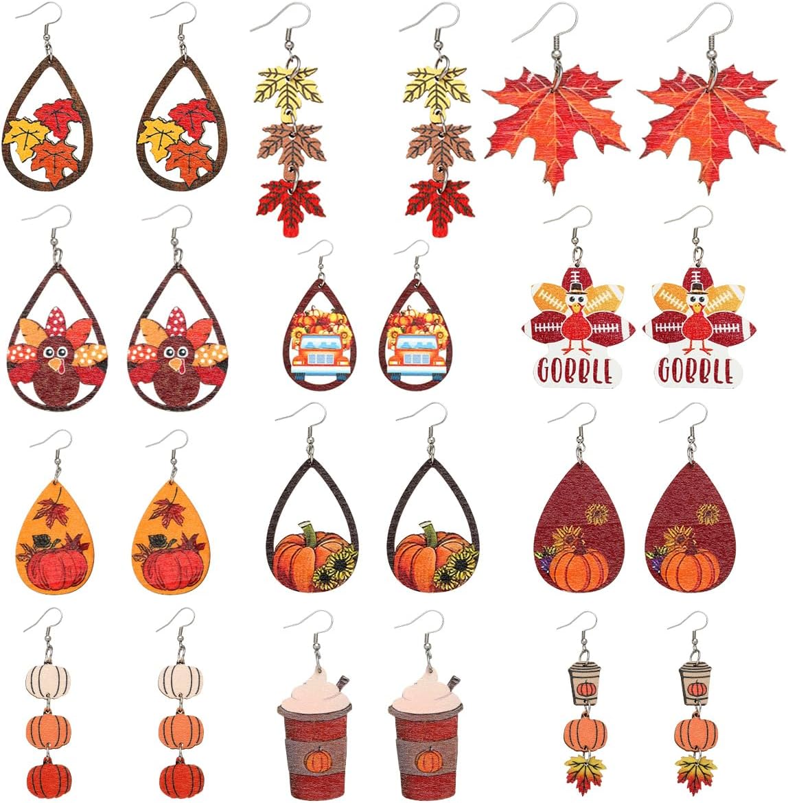 24PCS Thanksgiving Earrings Set Autumn Fall Earrings for Women, Wooden Maple Leaf Sunflower, Turkey, Pumpkin Earrings-Thanksgiving Jewelry Gifts Decor