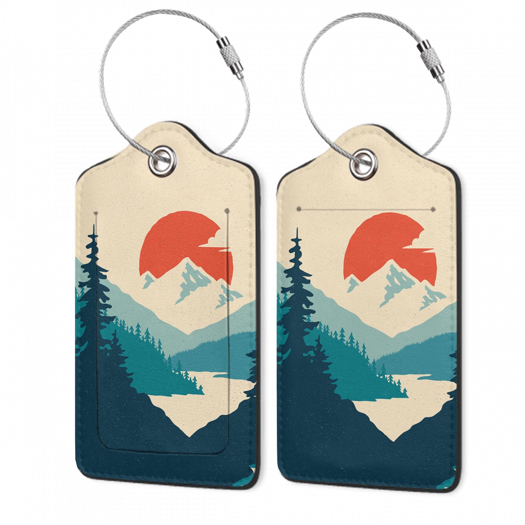 Gearsly Luggage Tag for Suitcase, Mountain Sun Forest Design with Privacy Flap & Name ID Label & Metal Loop, 2 Pack
