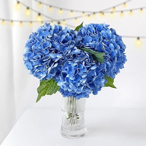 3 piezas de hortensias de color azul oscuro al tacto real de 21 pulgadas, hortensias grandes de látex con tallos largos para centros de mesa de