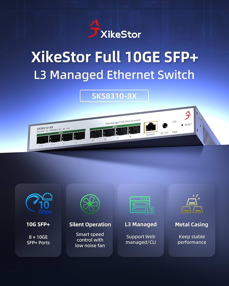 XikeStor 8-portowy 10G SFP+ przełącznik L3, obsługujący 1/2