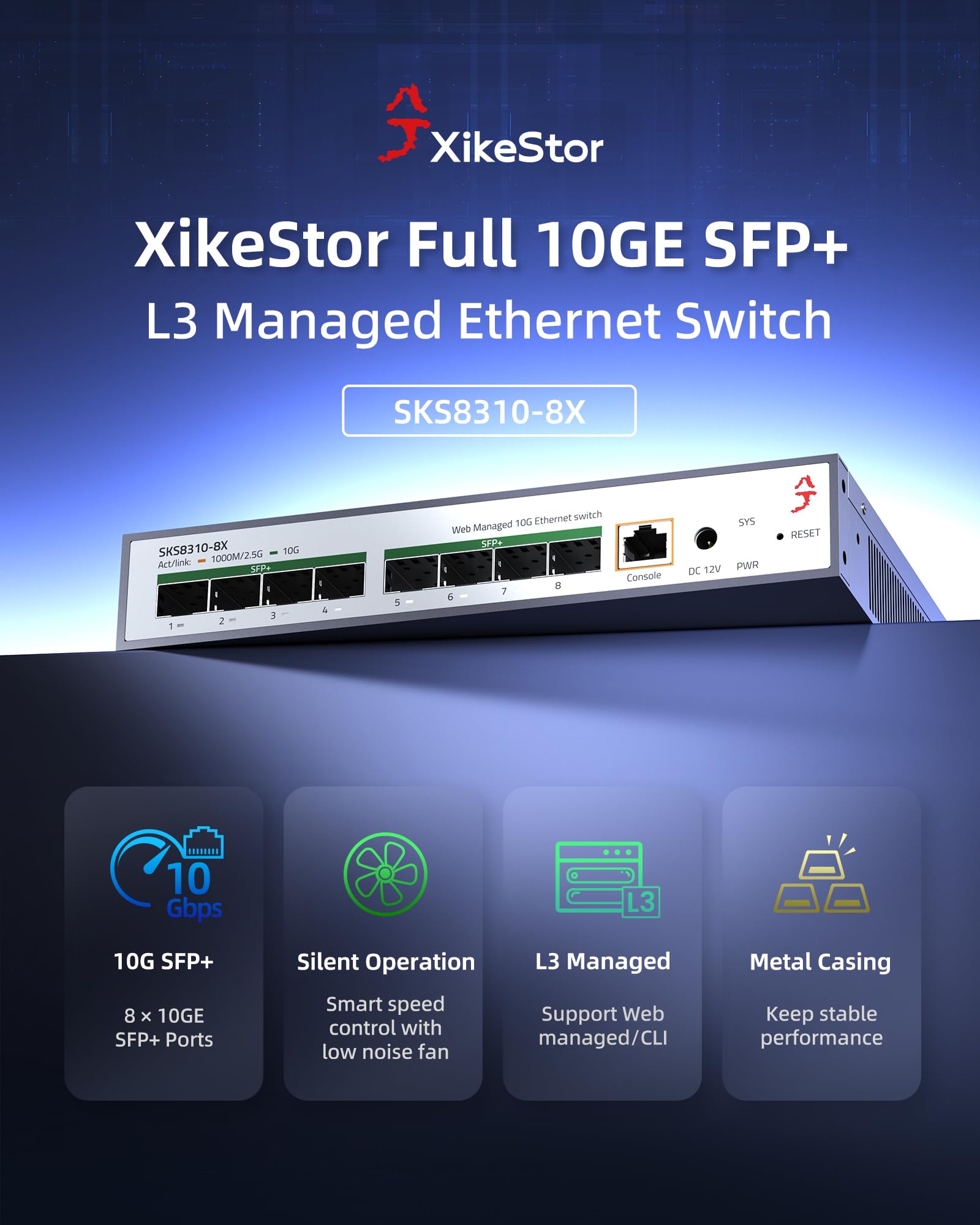 Commutateur géré L3 10G 8 Ports SFP+, Prend en Charge Les modules 1/2.5/10G, Bande passante 160 Gbit/s, agrégation de Liens, VLAN/DHCP/QoS, Refroidissement Intelligent du Ventilateur | 8 ports SFP+ 10G | Link Aggregation/QoS/VLAN/IGMP, montage mural, band