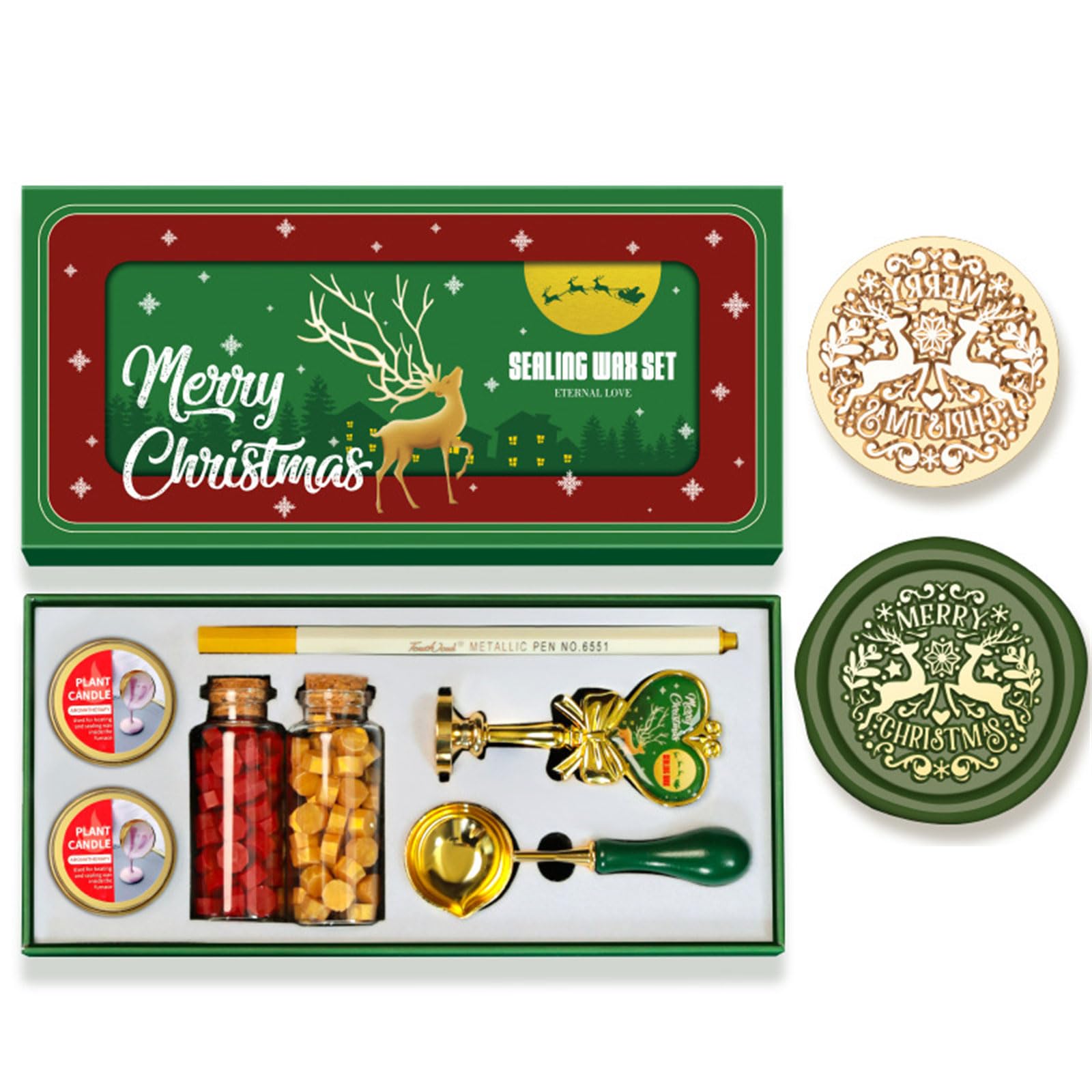 Elnwnnkc Christmas Themed Seal Stamp Set with Melting Spoon, Seal Stamp Beads, Metallic Pen for Envelope, Invitation Embellishment