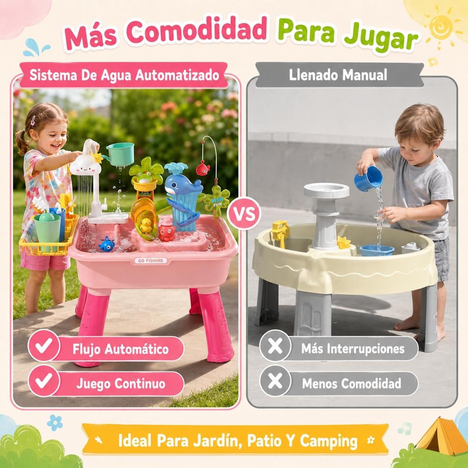Genérico Mesa De Agua para Niños Y Niñas De 4 A 8 Años - Fregadero De Juego con Bomba | Incluye Tobogán, Pesca 43 Accesorios | Gracioso para Piscina Exterior Y Verano