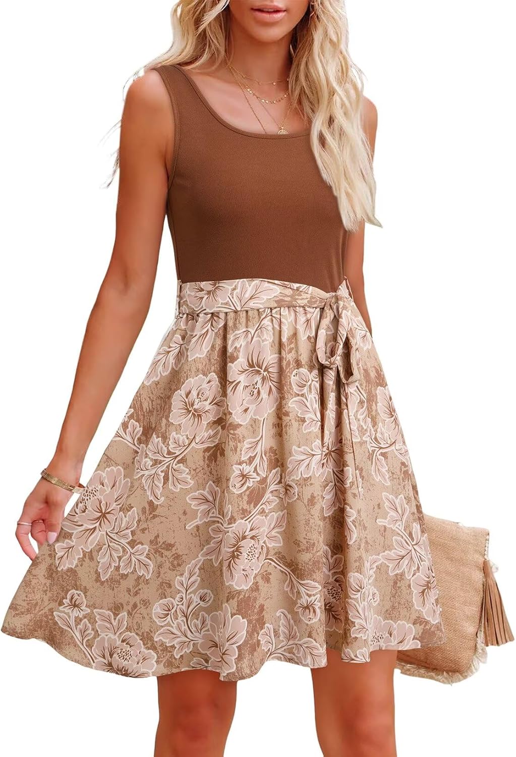 Dokotoo Summer Dresses for Women 2026 Casual Scoop Neck Sleeveless Floral Smocked Elastic Waist Mini Dress Sundress