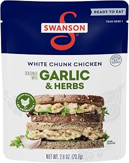 Swanson Garlic & Herbs White Chunk Fully Cooked Chicken, 2.6oz Pouch - 97% Fat-Free, 11g Protein, Gluten-Free Ready-to-Eat
