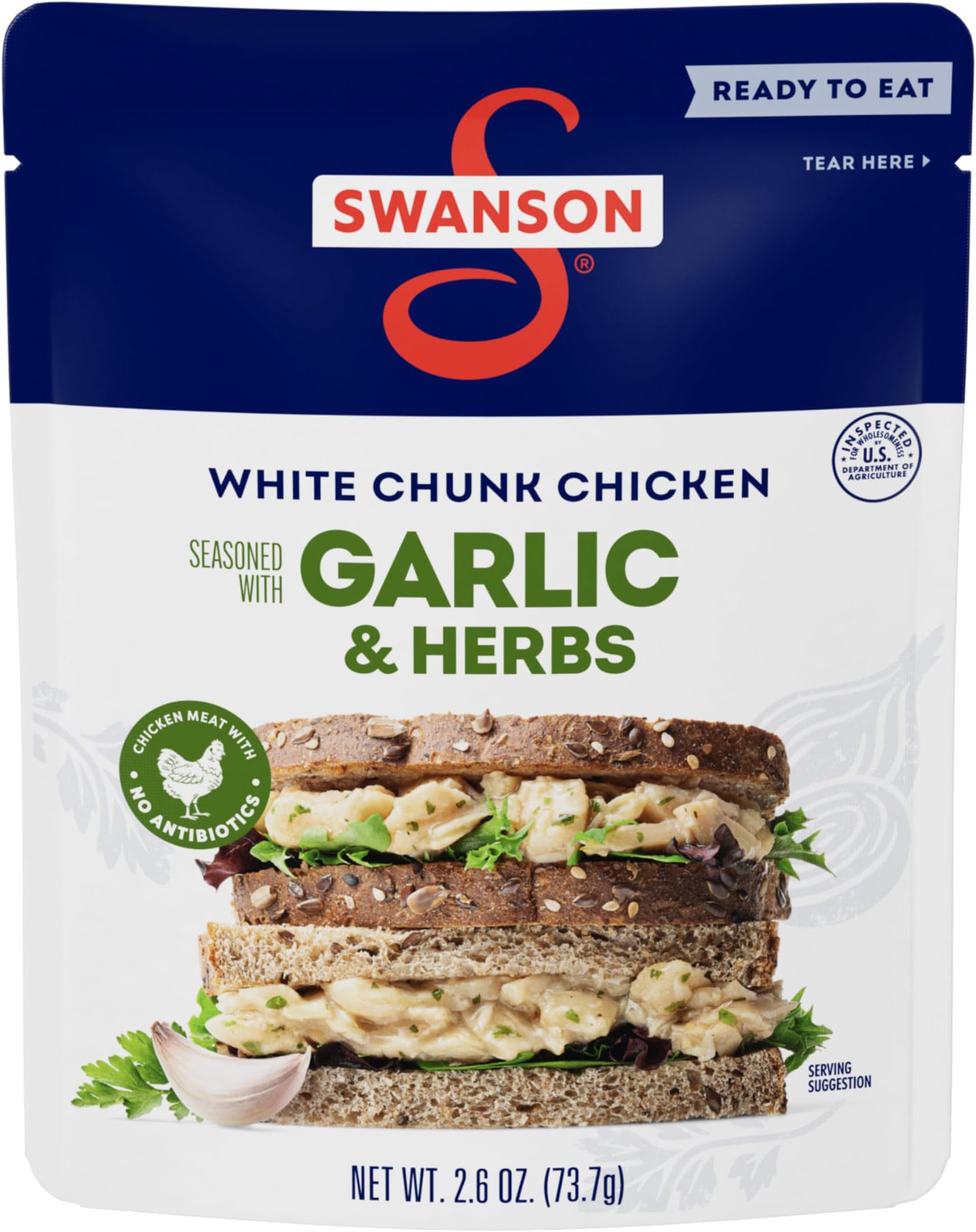 Swanson Garlic and Herbs White Chunk Fully Cooked Chicken, Ready to Eat, Simple On-the-Go Meals, 2.6 OZ Pouch