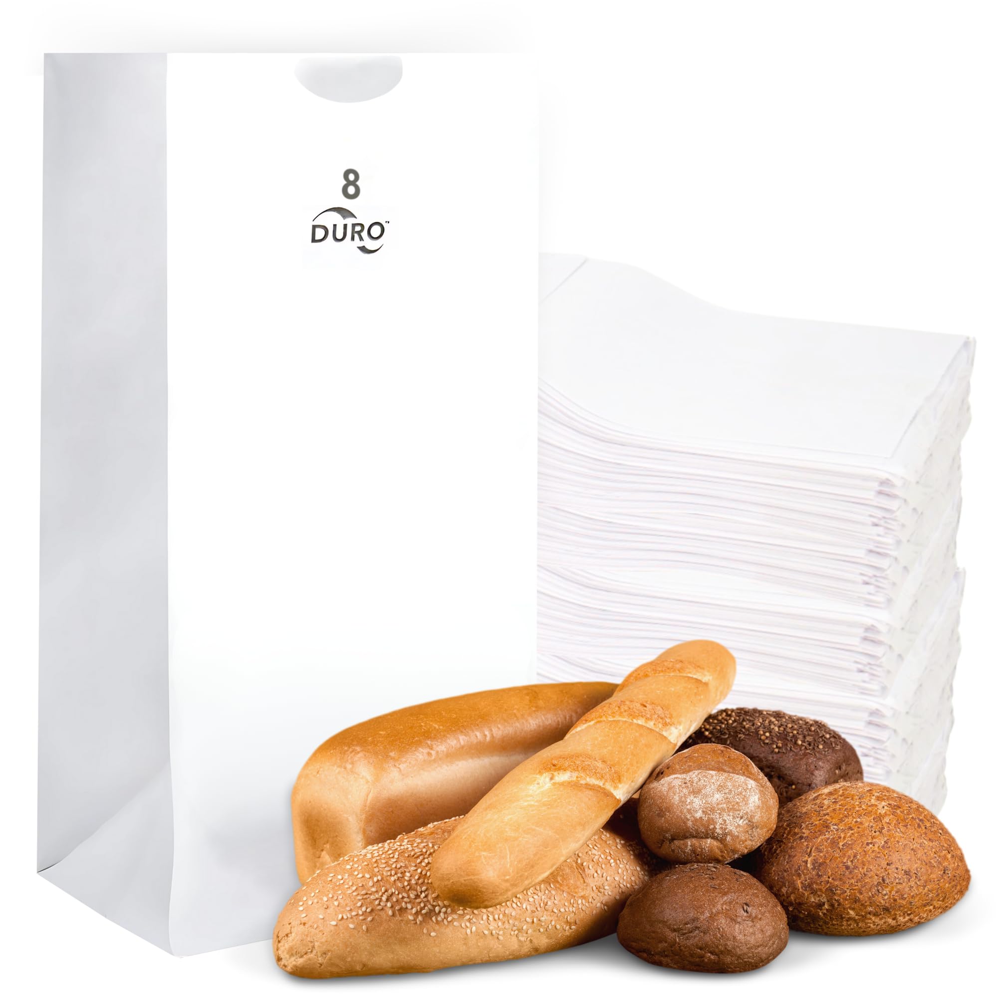 Duro 8# White Paper Bags 100 Count - Bulk White Paper Lunch Bags for Deli, Restaurant Takeout, Grocery & Luminary Disposable SOS Lunch Sacks - 6.12 x