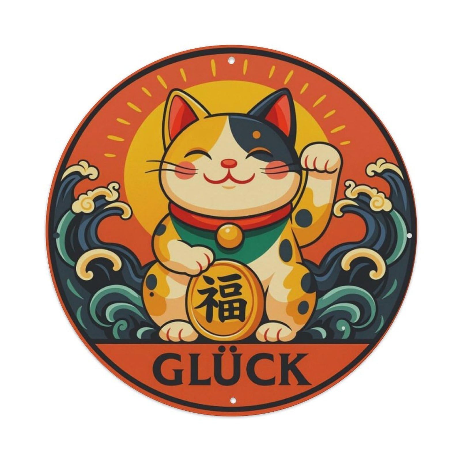 Japanese Wave Lucky Maneki Neko Round Sign Vintage Aluminium Metal Sign, Retro Wall Decor for Home, Bar, Garage & Farmhouse 20x20cm