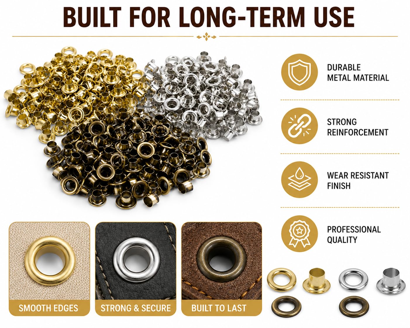 Zenith Combo of Copper, Silver, and Antique Metal Eyelets - 750 Pieces - Round Grommets for Crafts and Accessories | Lightweight and Heavy Duty | Suitable for Clothing, Shoes, Bags and Suitcases 2
