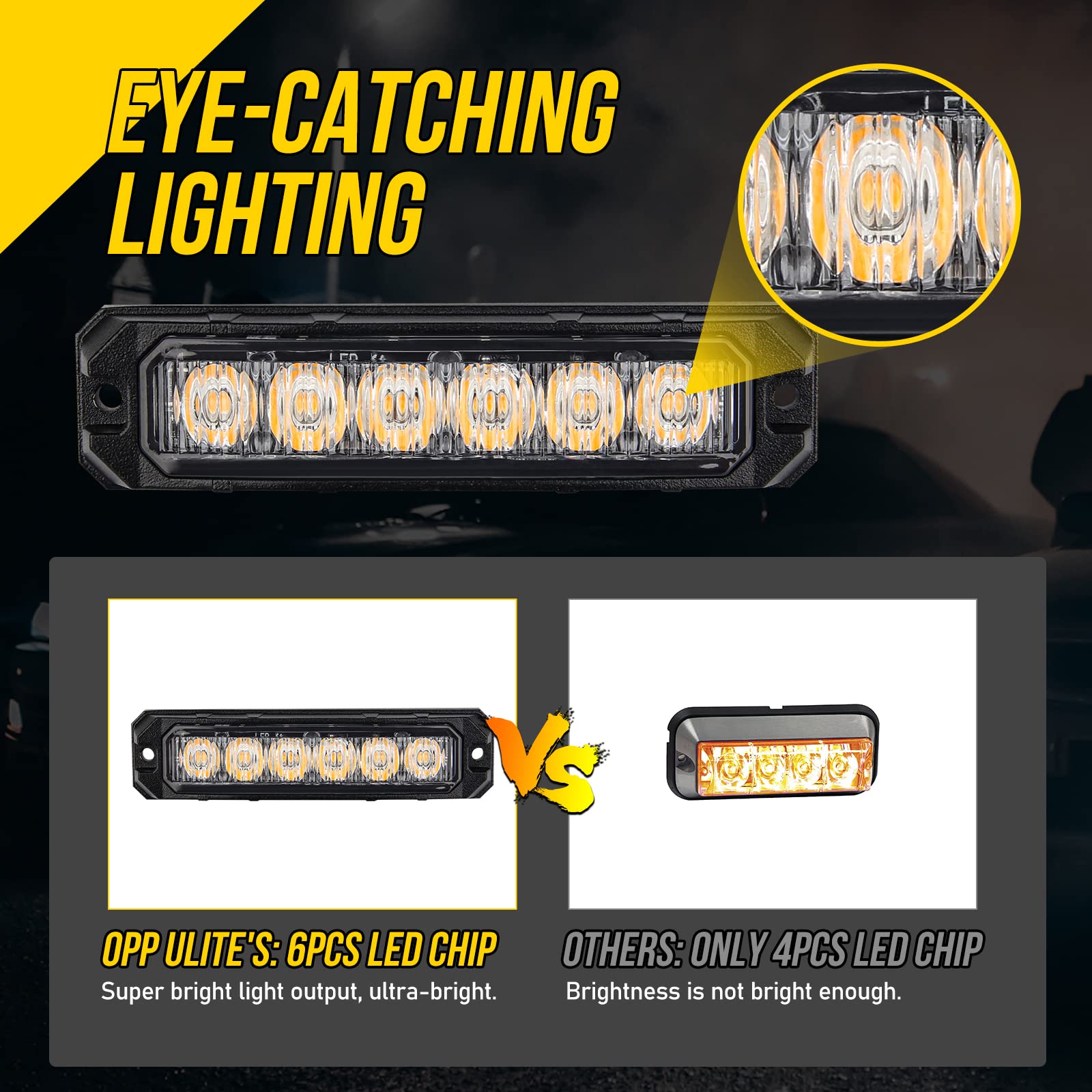 4 Feux Stroboscopiques LED Ambre 210° - 6W, 17 Modes Clignotants - Pour Camions, Véhicules D'Urgence - Montage Surface