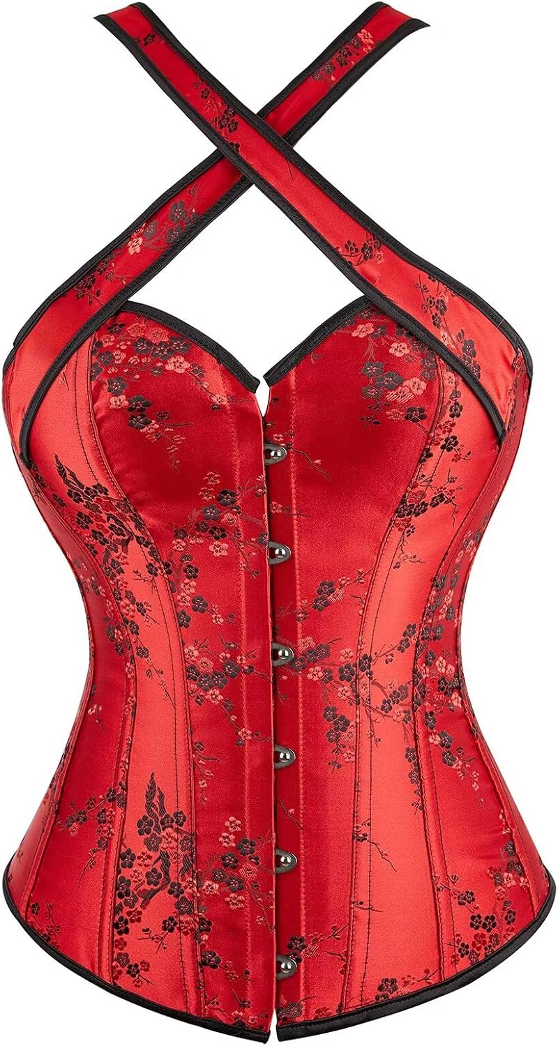 Women's Satin Floral Lace up Trim Overbust Corset Bustier Plus Size Bodyshaper Top