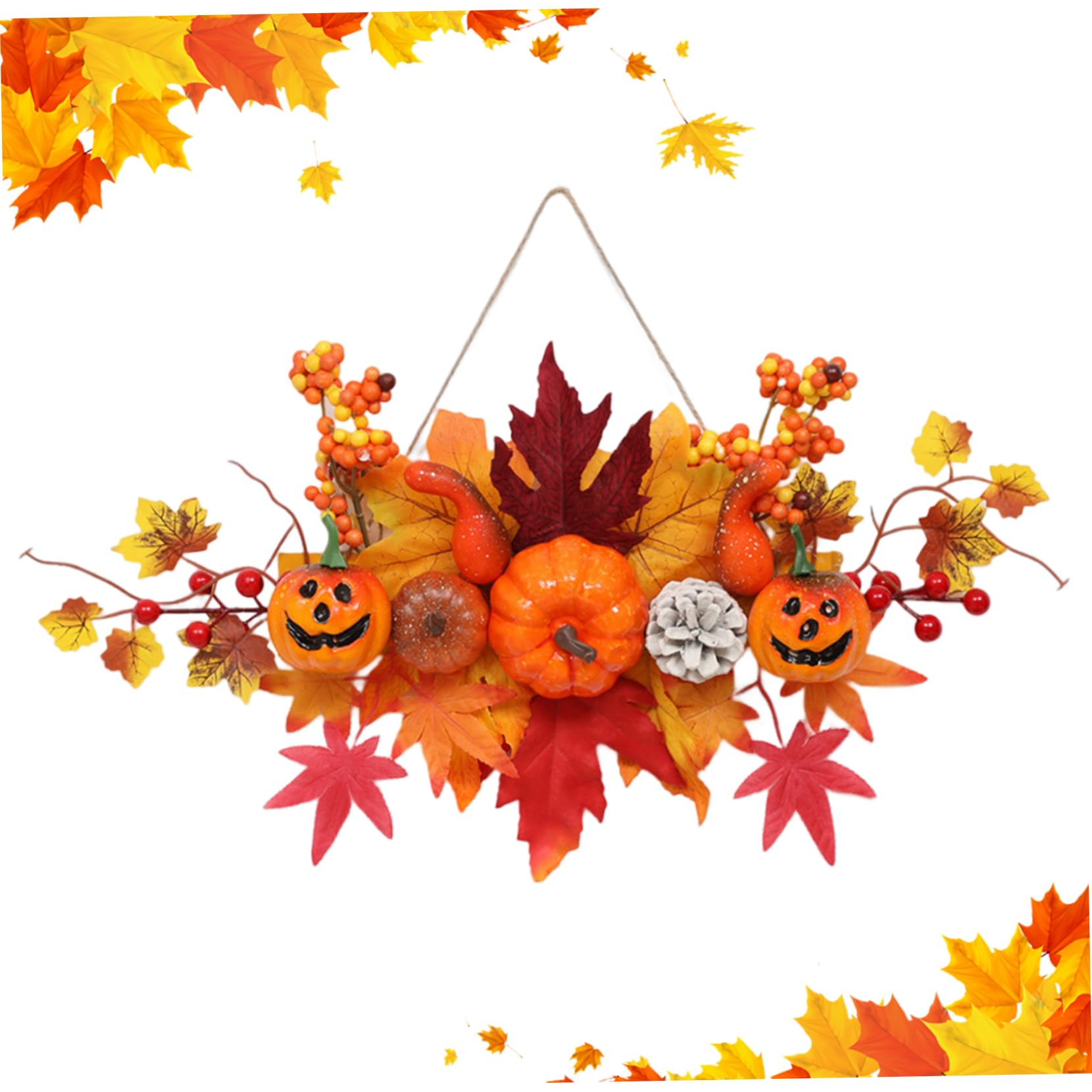 Bemonew Fall Wreath Pumpkin Maple Leaf Halloween Wreath for Front Door Autumn Door with Hanging Rope for Thanksgiving Halloween Decorations