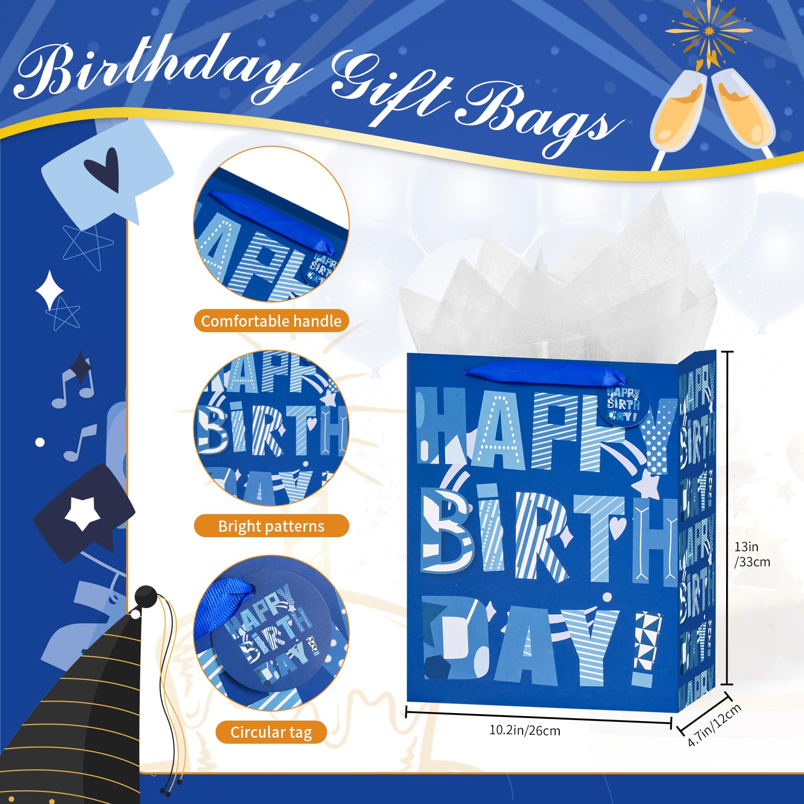 Large Birthday Gift Bag With Tissue Paper - 13" Size, 3D Floral Pattern, Includes Card (Blue Cake Design) - View #14