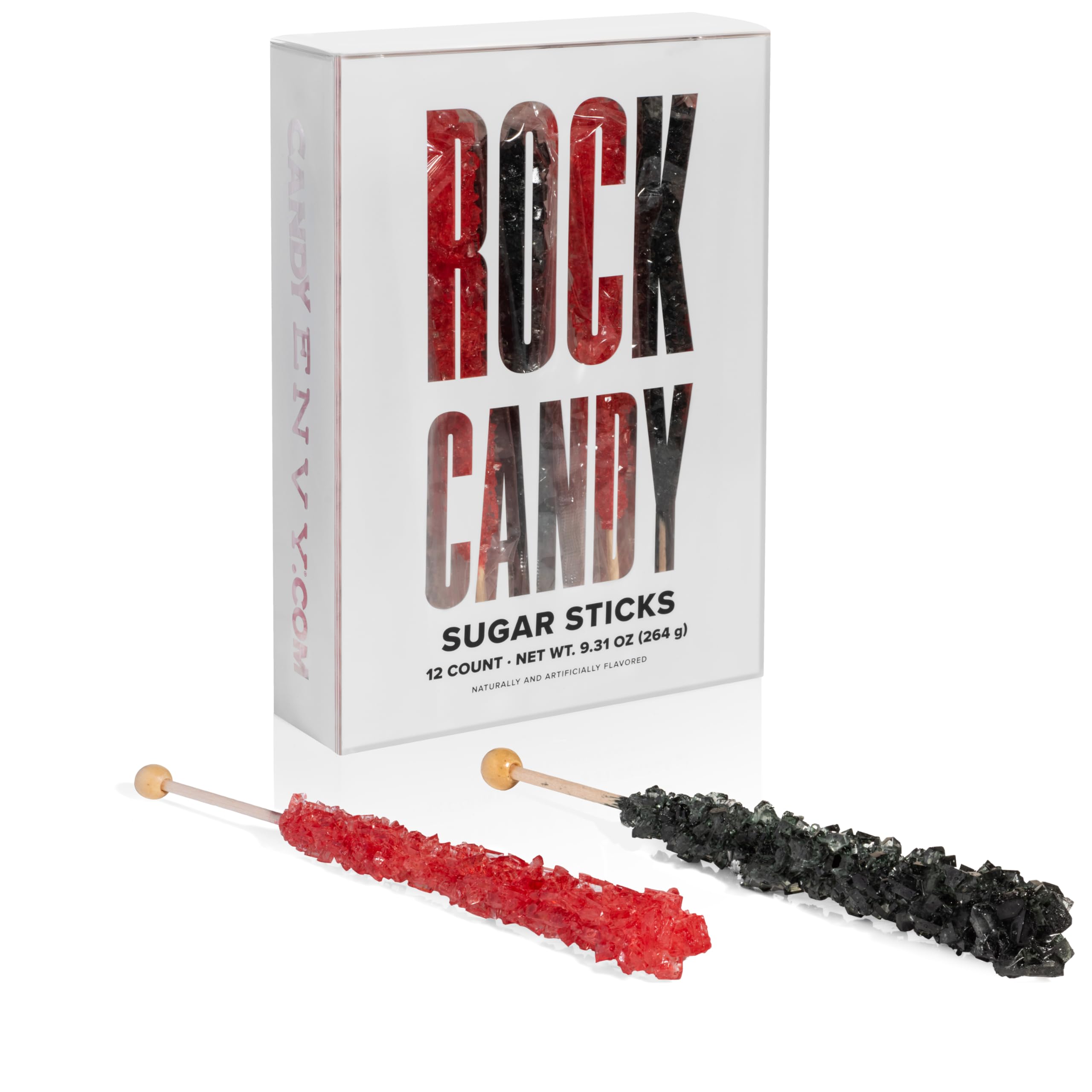 Black and Red Rock Candy Sugar Sticks - 12 Individually Wrapped Candy - Black Cherry & Strawberry Flavored