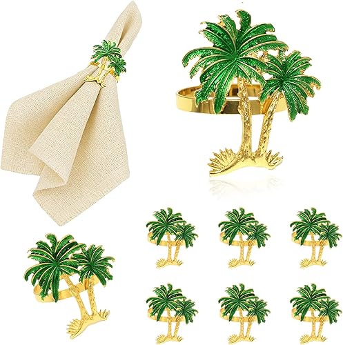 Juego de 8 servilleteros de palmera costera tropical para fiesta de primavera, verano, decoración de boda, árbol de coco verde, mesa de comedor para