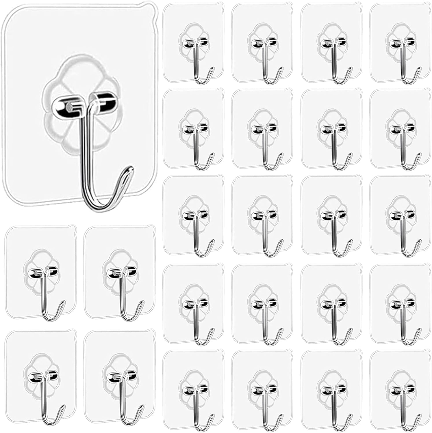 Self Adhesive Hooks, 30 pcs Adhesive Wall Hooks Max 10KG/22lb, Transparent Sticky Hooks for Kitchen Bathroom Clothes Office Ceiling Hanger