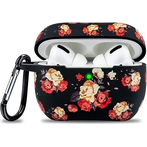 Airpod Pro Case Soft Silicone - LitoDream Case Cover Flexible Skin for Apple AirPods Pro Charging Case Cute Women Girls Protective Skin with Keychain - Black/Rose Flower