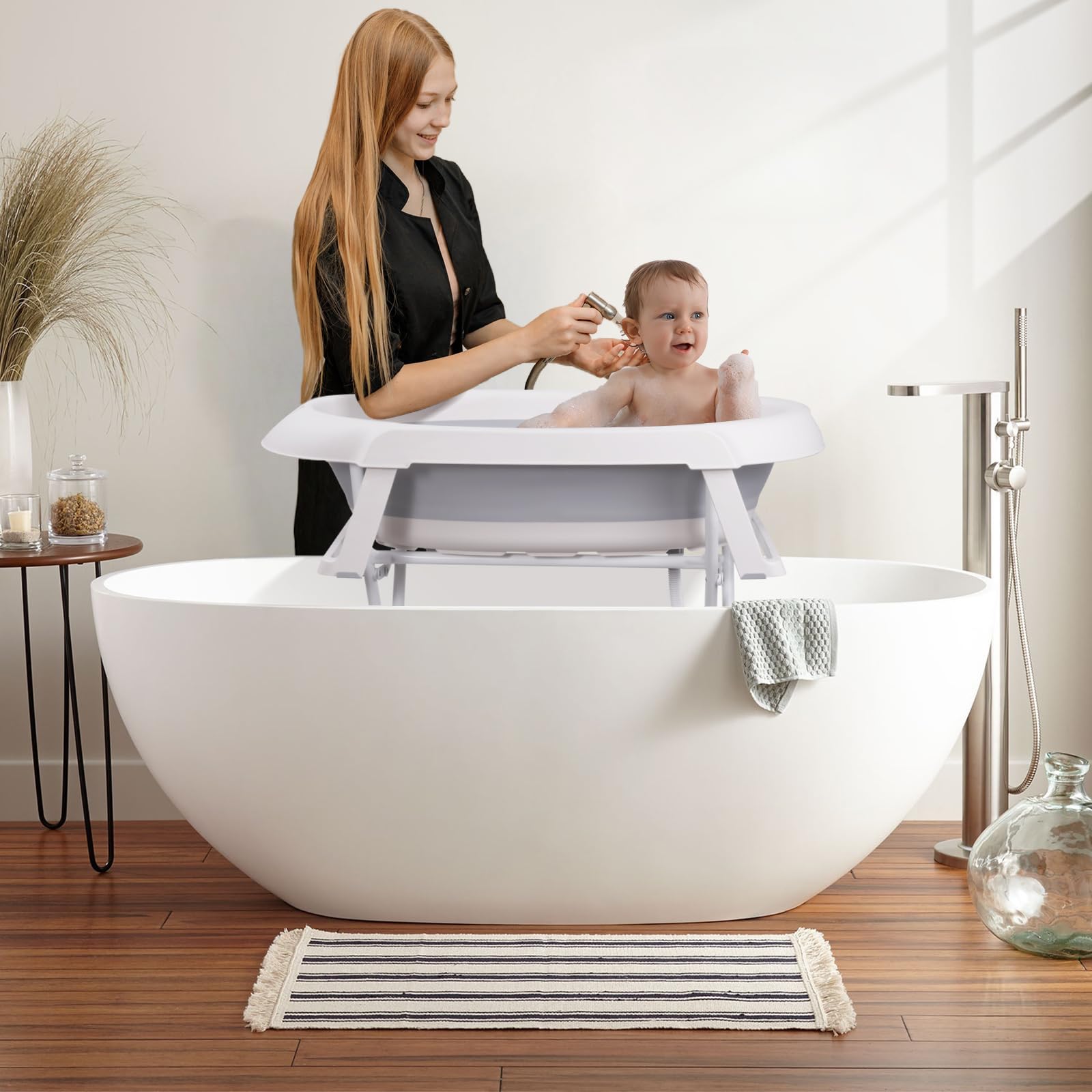 Soporte Plegable para Bañera de Bebé, kit de baño con mesa de almacenamiento multifuncional, Ligero y Resistente, regulable en altura, bañera de bebé plegable con Patas Antideslizantes