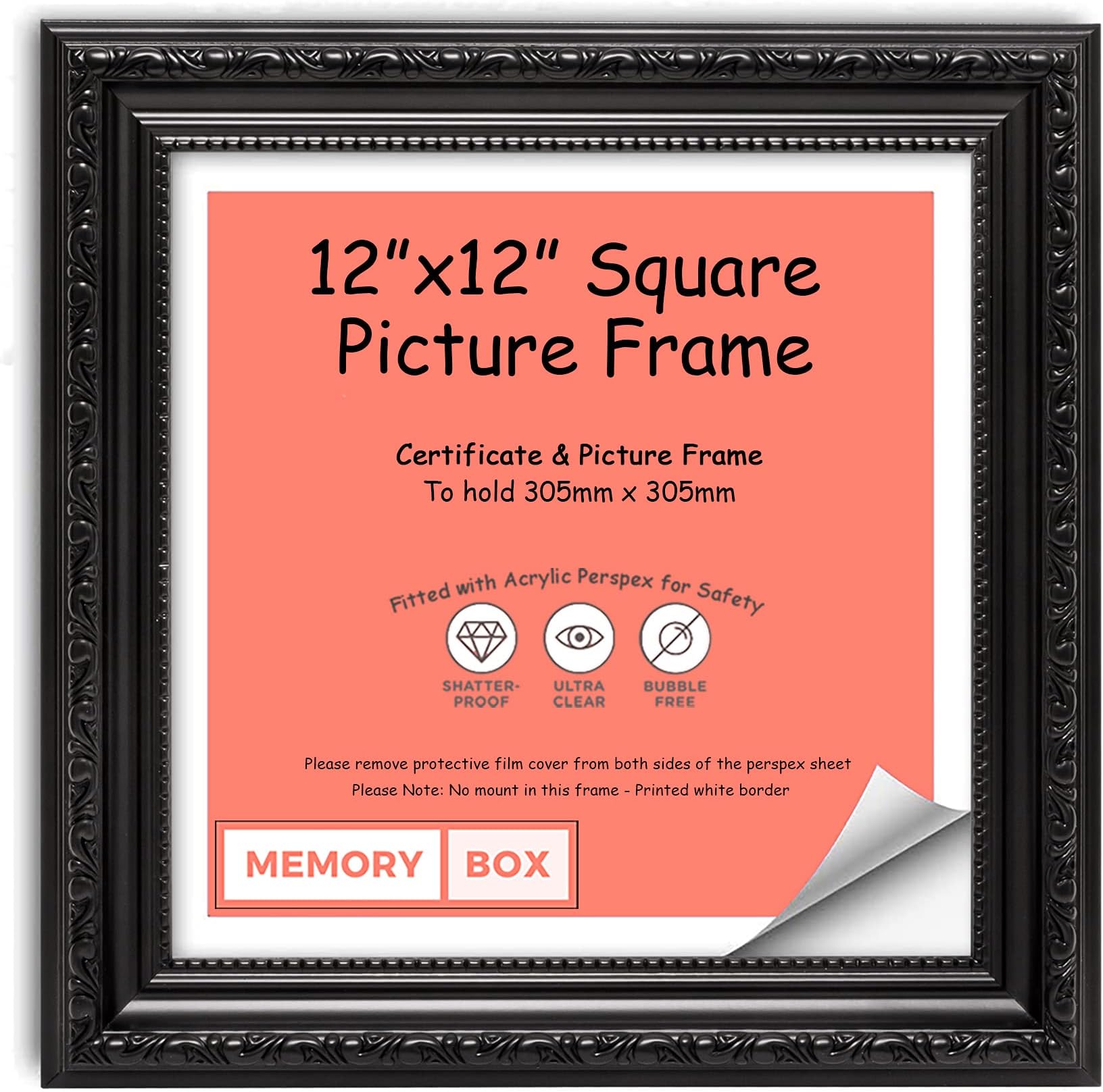 Black โ 12" x 12" Ready to hang Ornate Shabby Chic Picture/Photo/Poster frame with High Clarity Styrene Shatterproof Perspex Sheet & MDF backing board