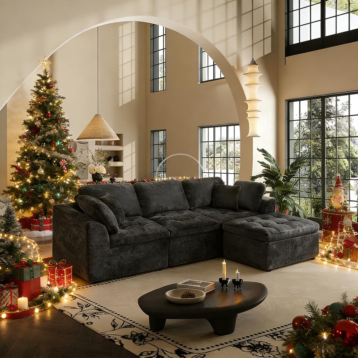 110" Cloud Sectional Couch for Living Room, Upholstered L-Shape Modular Sofa with Movable Ottoman, 3-Seater Deep-Seat Foam Couch, Comfortable