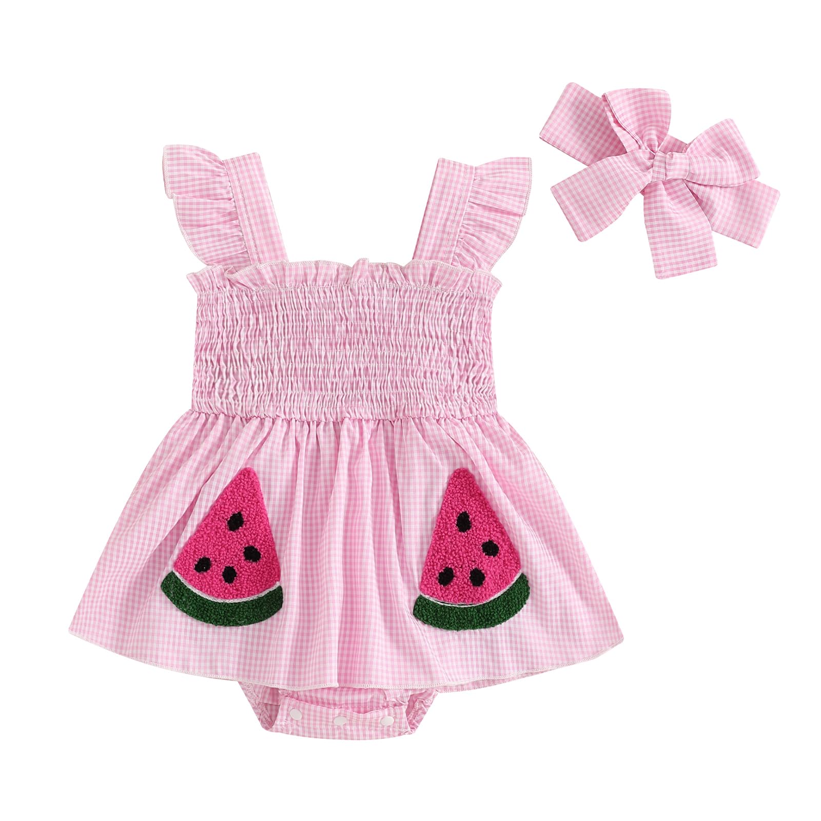 Smocked Baby Girl Romper Dress Fruit Print Sleeveless Watermelon Dress Cherry Embroidery Bodysuit Summer Outfits